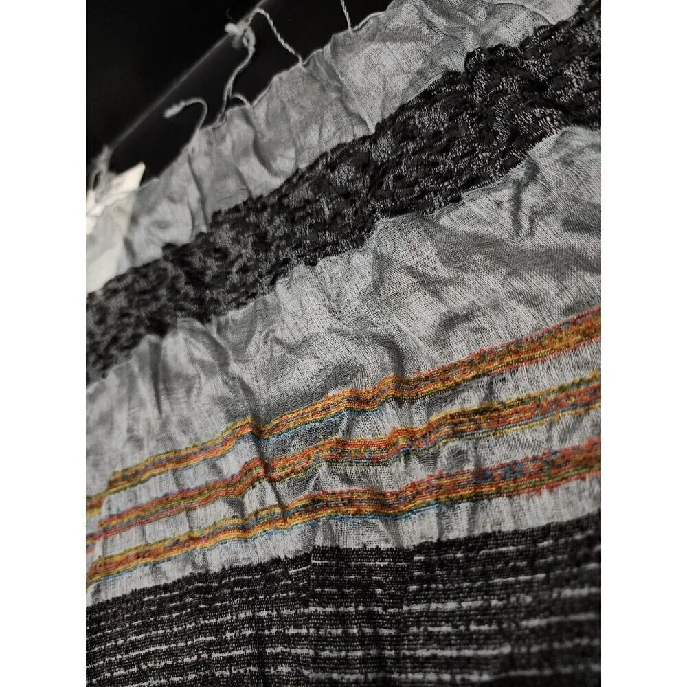 Rising Tide Silk Rayon Scarf Gray Multicolor Open Knit Fringed Hem Made in India